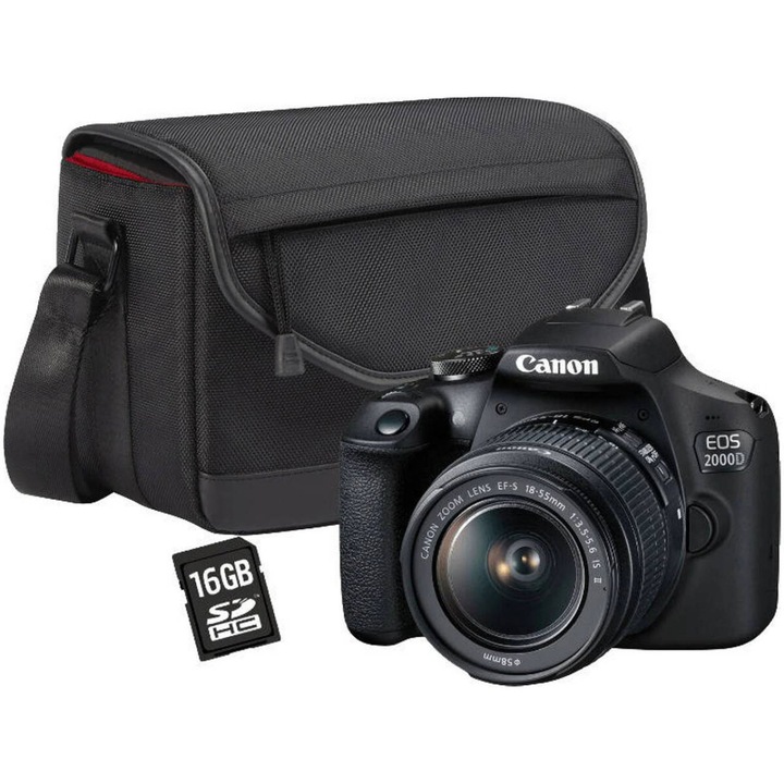 Kit aparat foto DSLR Canon EOS 2000D, Obiectiv IS II de 18-55 mm + geanta Canon + Card SD de 16 GB, Negru