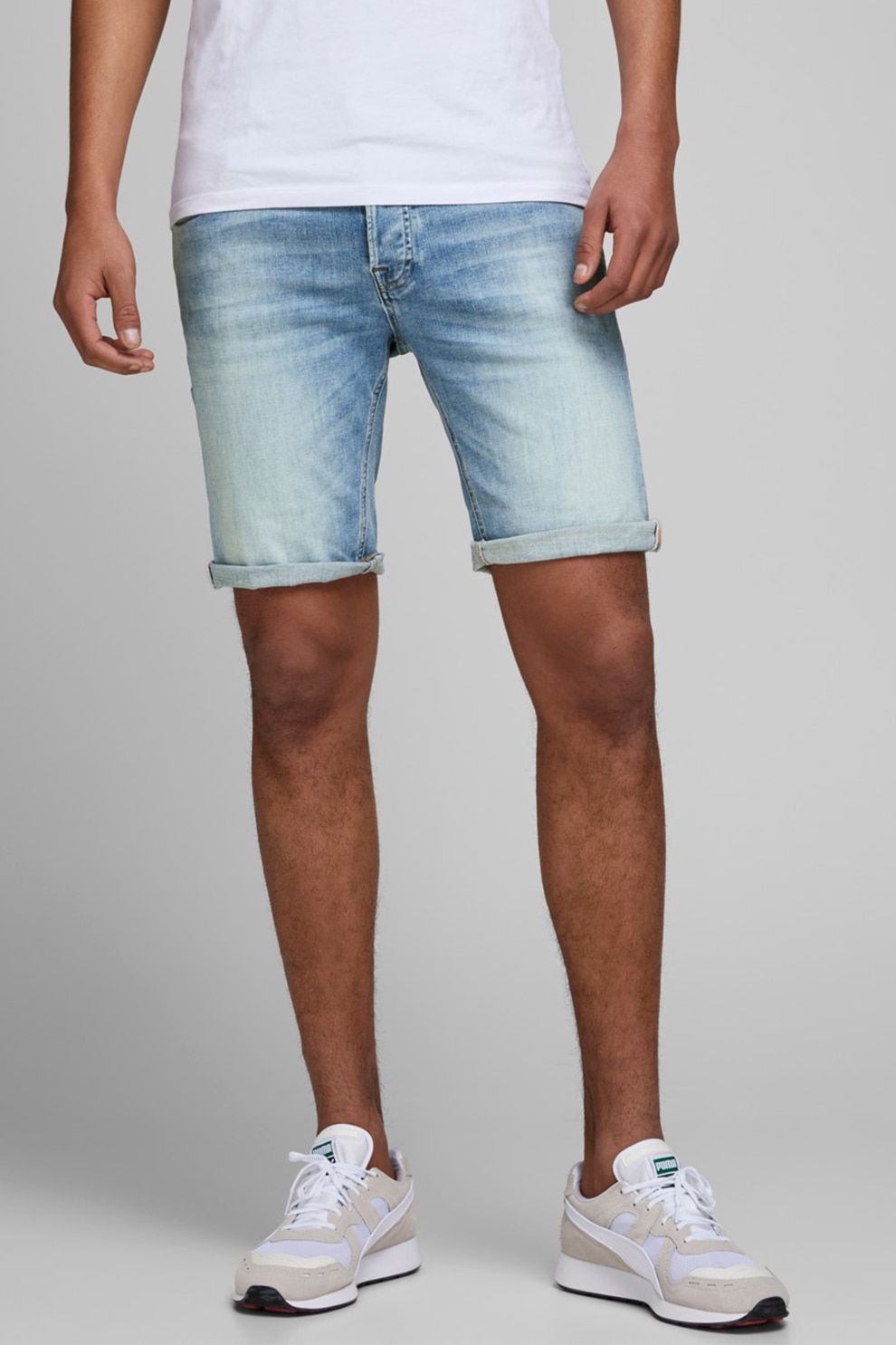 Jack&Jones, Bermude din denim, cu aspect decolorat, Albastru deschis