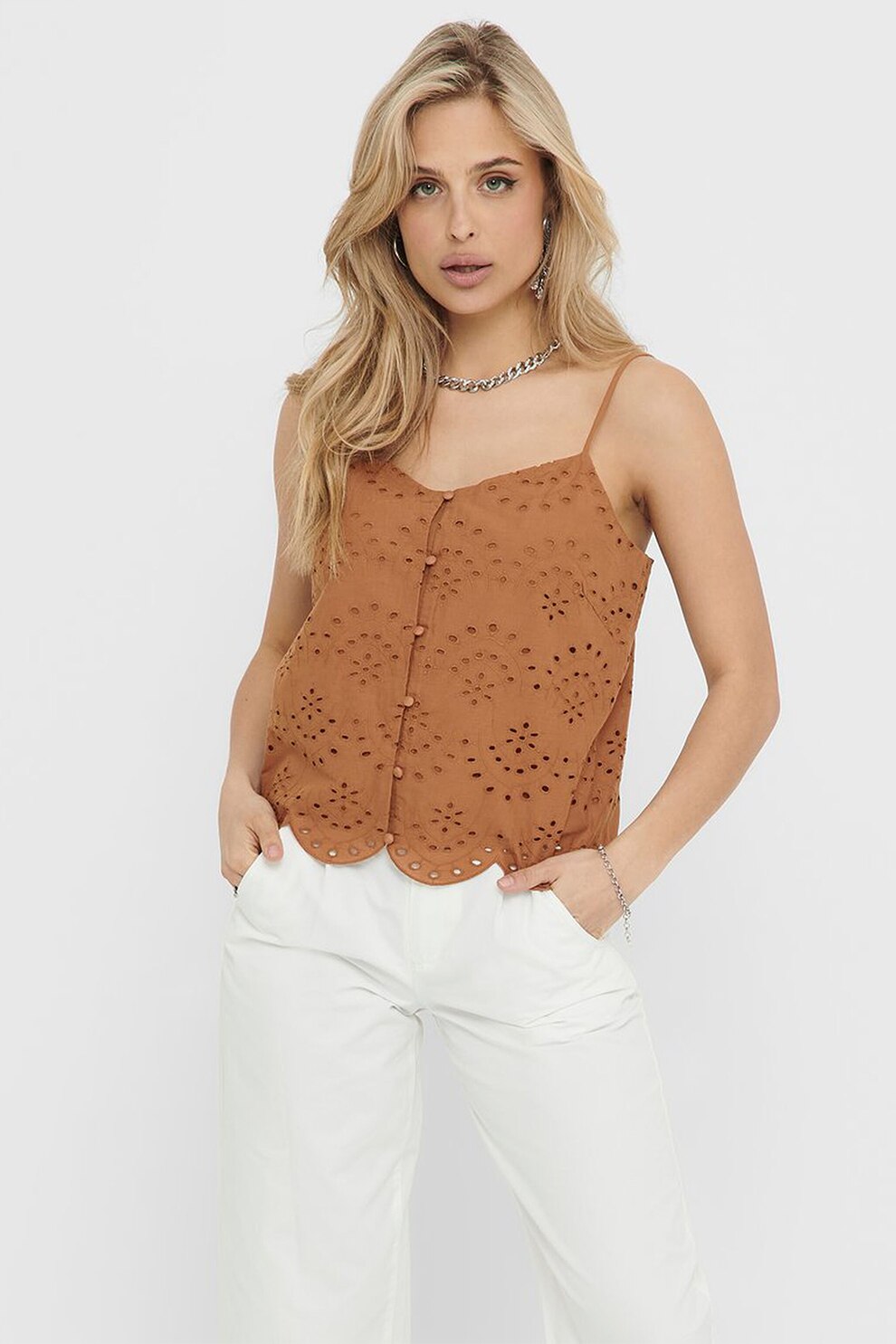 JdY, Top din dantela Sangallo cu decolteu in V, Ocru, L