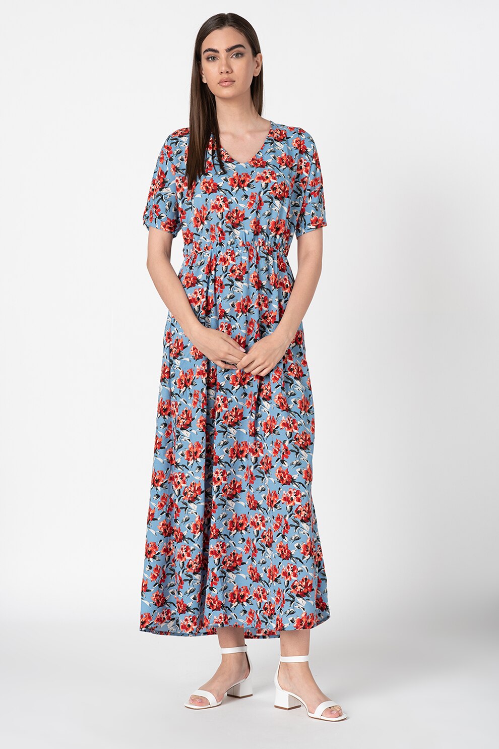 JdY, Rochie maxi cu decolteu in V Flame, Albastru/Rosu