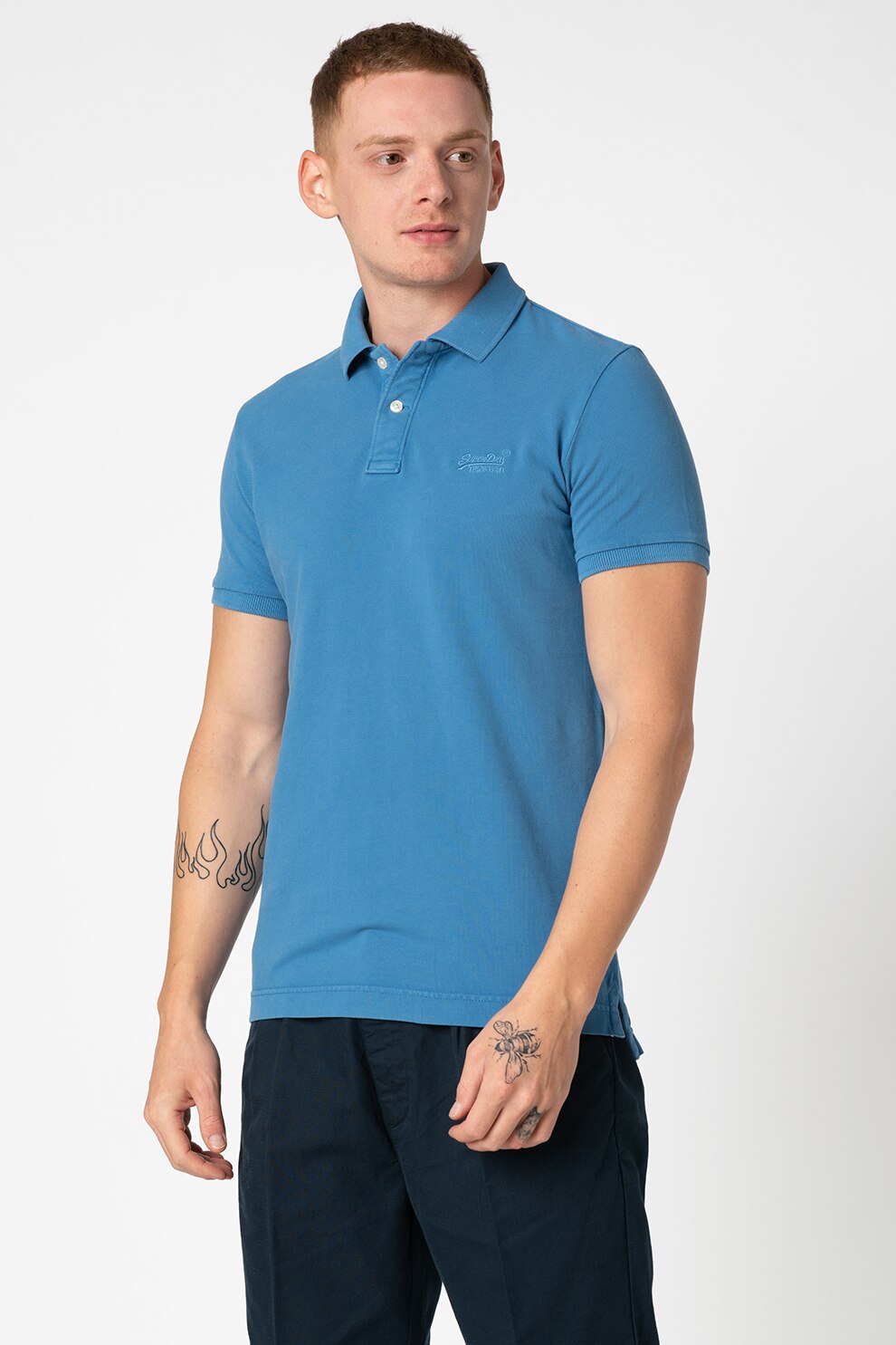SUPERDRY, Tricou polo cu logo brodat pe piept, Albastru lavanda