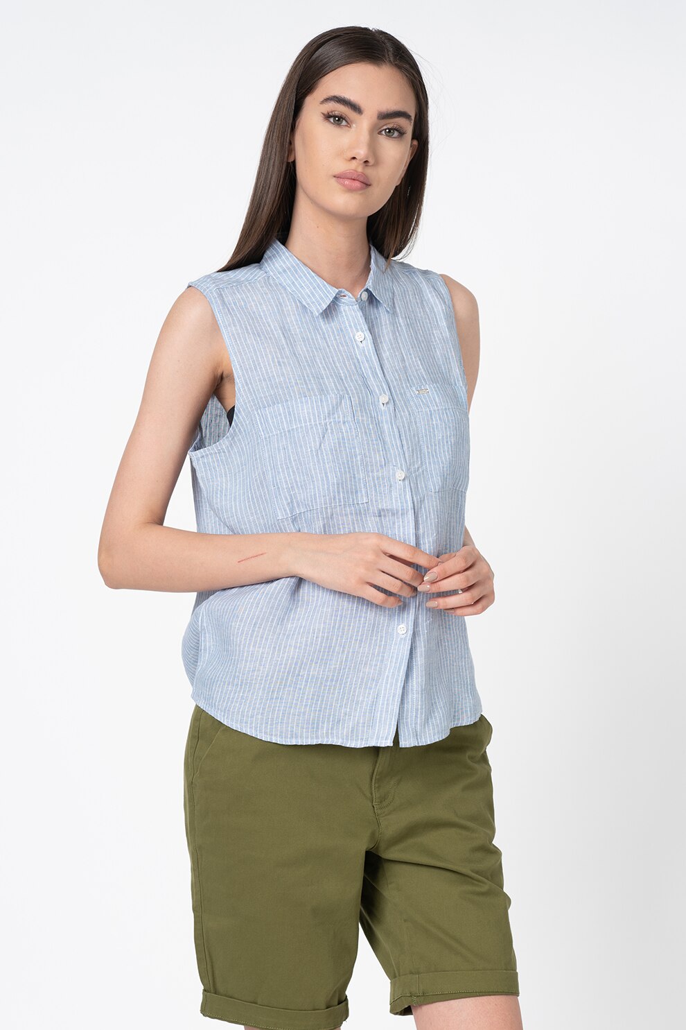 SUPERDRY, Camasa de in, cu dungi Aubrey, albastru azur, alb