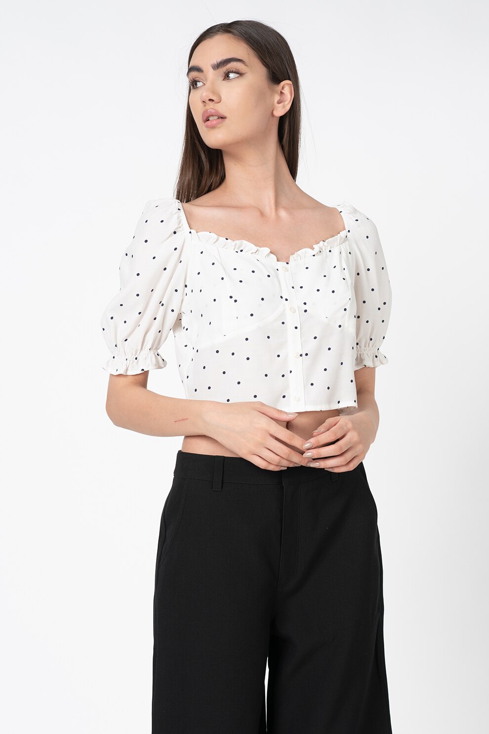 SUPERDRY, Bluza crop cu maneci bufante Quincy, Alb/Bleumarin, L