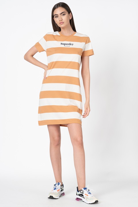 Superdry & Co, Rochie tip tricou cu model in dungi, Alb/Galben inchis