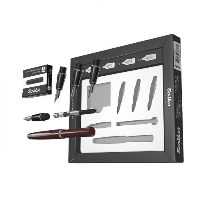 Set caligrafie Scrikss: stilou Vintage 33 + 3 penite + convertor + cartuse, Burgundy