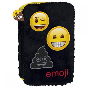 Penar neechipat cu 2 compartimente, cu husa din blana neagra, Derform Emoji Penar neechipat cu 2 compartimente, cu husa din blana neagra, Derform Emoji