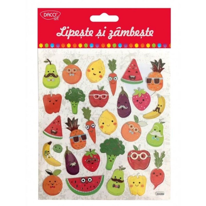 Abtibilduri DACO, Lipeste si Zambeste, Model Fructe si Legume, 30 Buc/Set, Multicolor