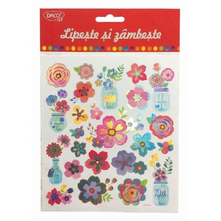 Abtibilduri DACO Lipeste si Zambeste, Model Flori, 24 Buc/Set, Multicolor, Abtibild, Autocolante Copii, Stickere Decorative