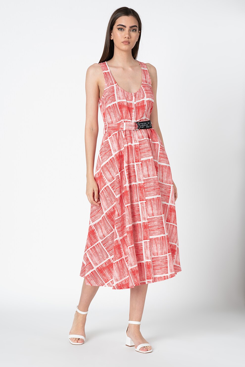 United Colors of Benetton, Rochie midi evazata, din amestec de in, Rosu/Alb