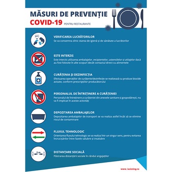 Indicatoare, masuri pentru restaurante, preventie Covid-19, A4, autocolant, pachet 5 buc Indicatoare, masuri pentru restaurante, preventie Covid-19, A4, autocolant, pachet 5 buc