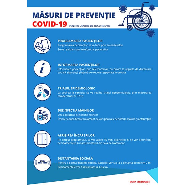 Indicatoare, masuri pentru Centre de Recuperare, preventie Covid-19, A4, autocolant, pachet 5 buc