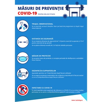 Indicatoare, masuri pentru Sali de fitness, preventie Covid-19, A4, autocolant, pachet 5 buc Indicatoare, masuri pentru Sali de fitness, preventie Covid-19, A4, autocolant, pachet 5 buc