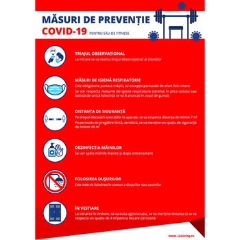 Pachet 5 indicatoare, autocolant, format A4, masuri de preventie Covid-19 pentru Sali de fitness Pachet 5 indicatoare, autocolant, format A4, masuri de preventie Covid-19 pentru Sali de fitness