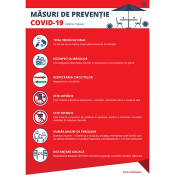 Indicatoare, masuri pentru terase, preventie Covid-19, A4, autocolant, pachet 5 buc Indicatoare, masuri pentru terase, preventie Covid-19, A4, autocolant, pachet 5 buc