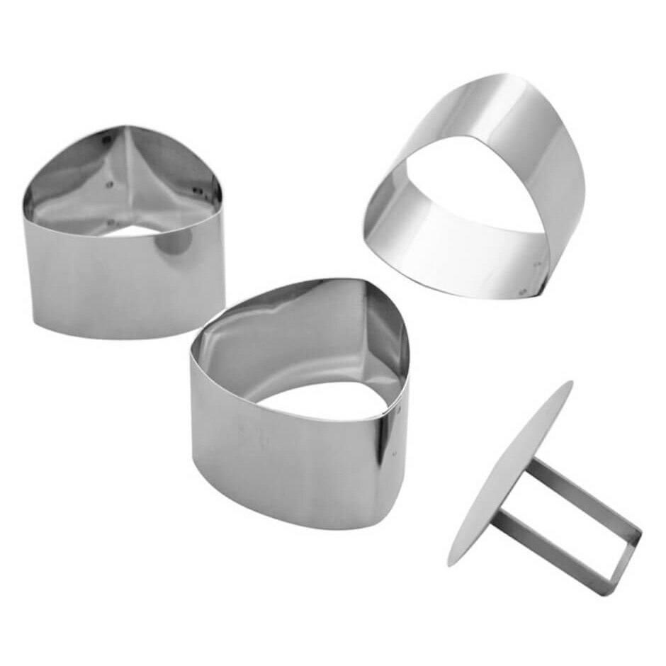 Set 3 forme triunghi curbat si pasator, inox, 65xh45mm