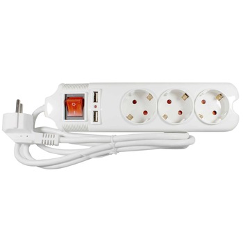 Prelungitor Lohuis, 3 prize, intrerupator, 2USB, cu protectie copii, cablu 3x1.5mm, 1.5m, alb Prelungitor Lohuis, 3 prize, intrerupator, 2USB, cu protectie copii, cablu 3x1.5mm, 1.5m, alb