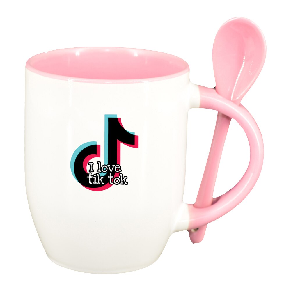 Cana I love tik tok cu lingurita, interior roz, 330ml, D1459