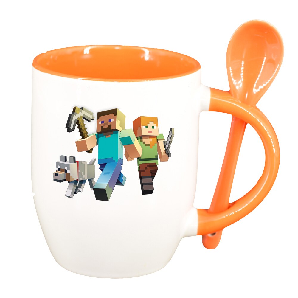 Cana Minecraft cu lingurita, interior portocaliu, 330ml, D1468