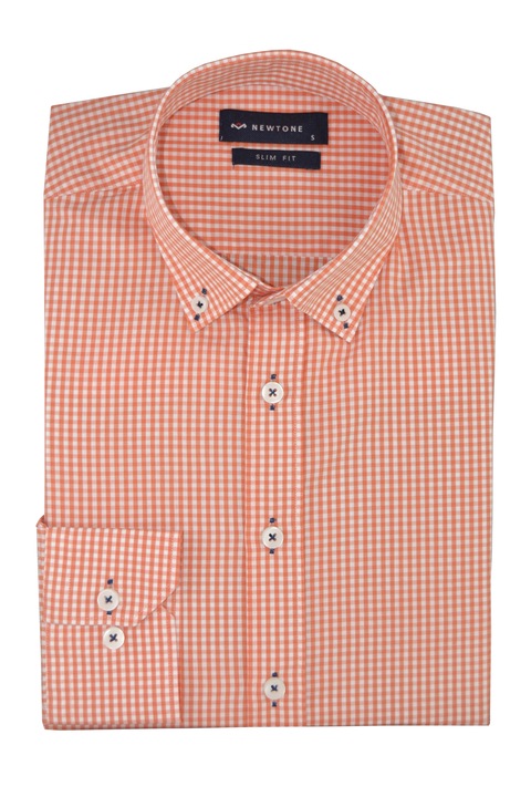 Férfi ing, Newtone, gombokkal rögzített gallérral, kockás mintával, Fehér/Narancs, Fehér/Narancssárga