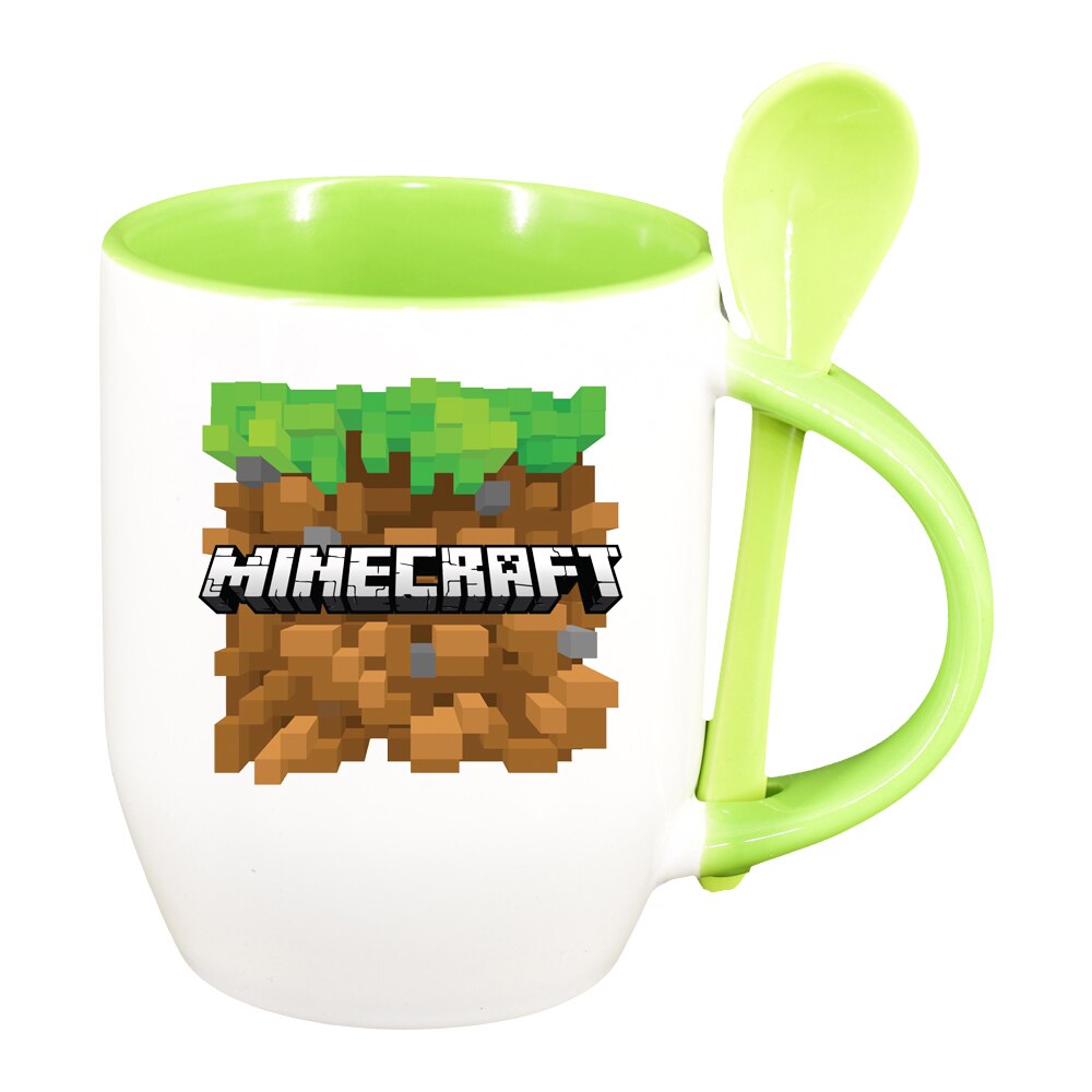 Cana Minecraft cu lingurita, interior verde deschis, 330ml, D1472