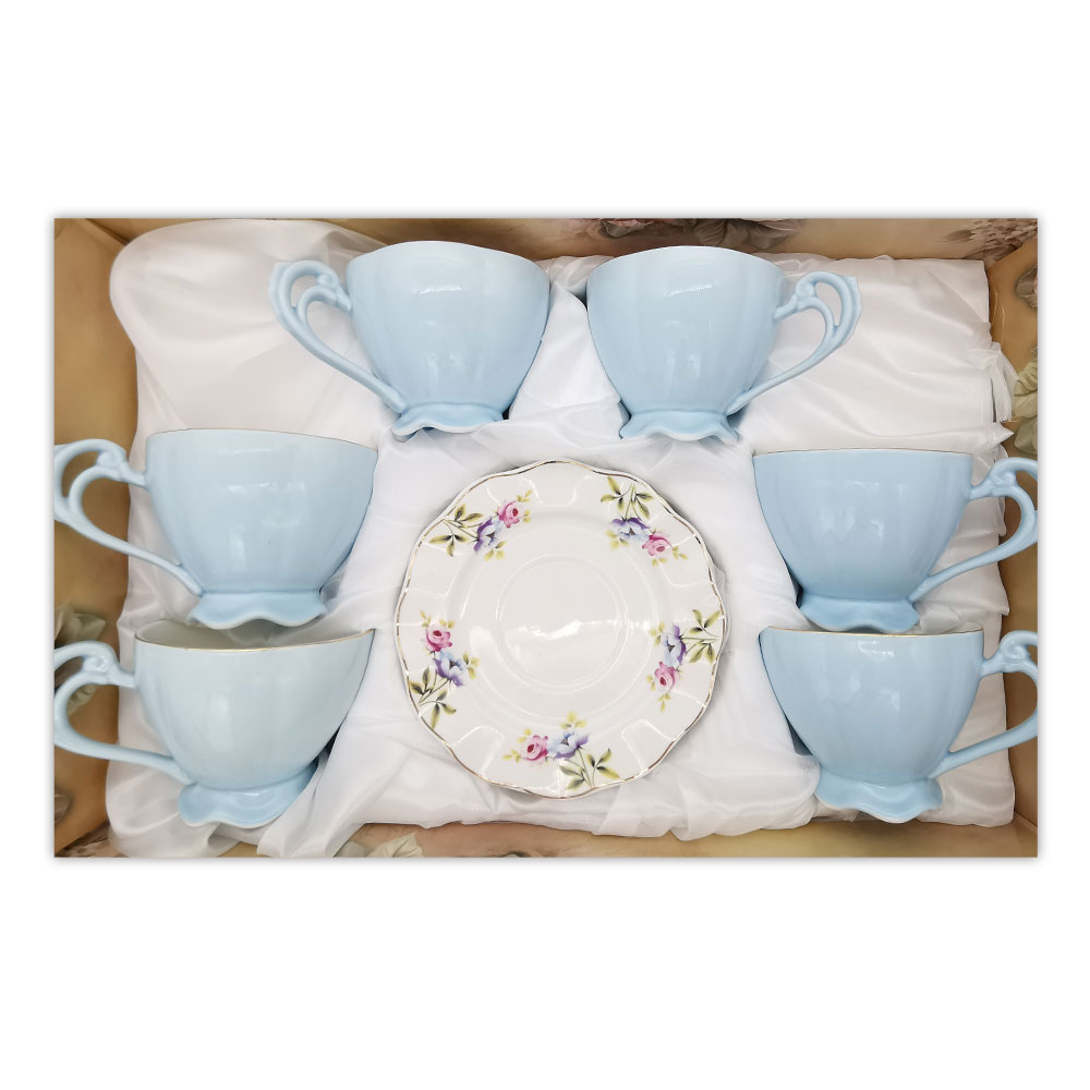 Set 6 cesti cu farfurioare Fleur Bleu, ceramica, 210 ml