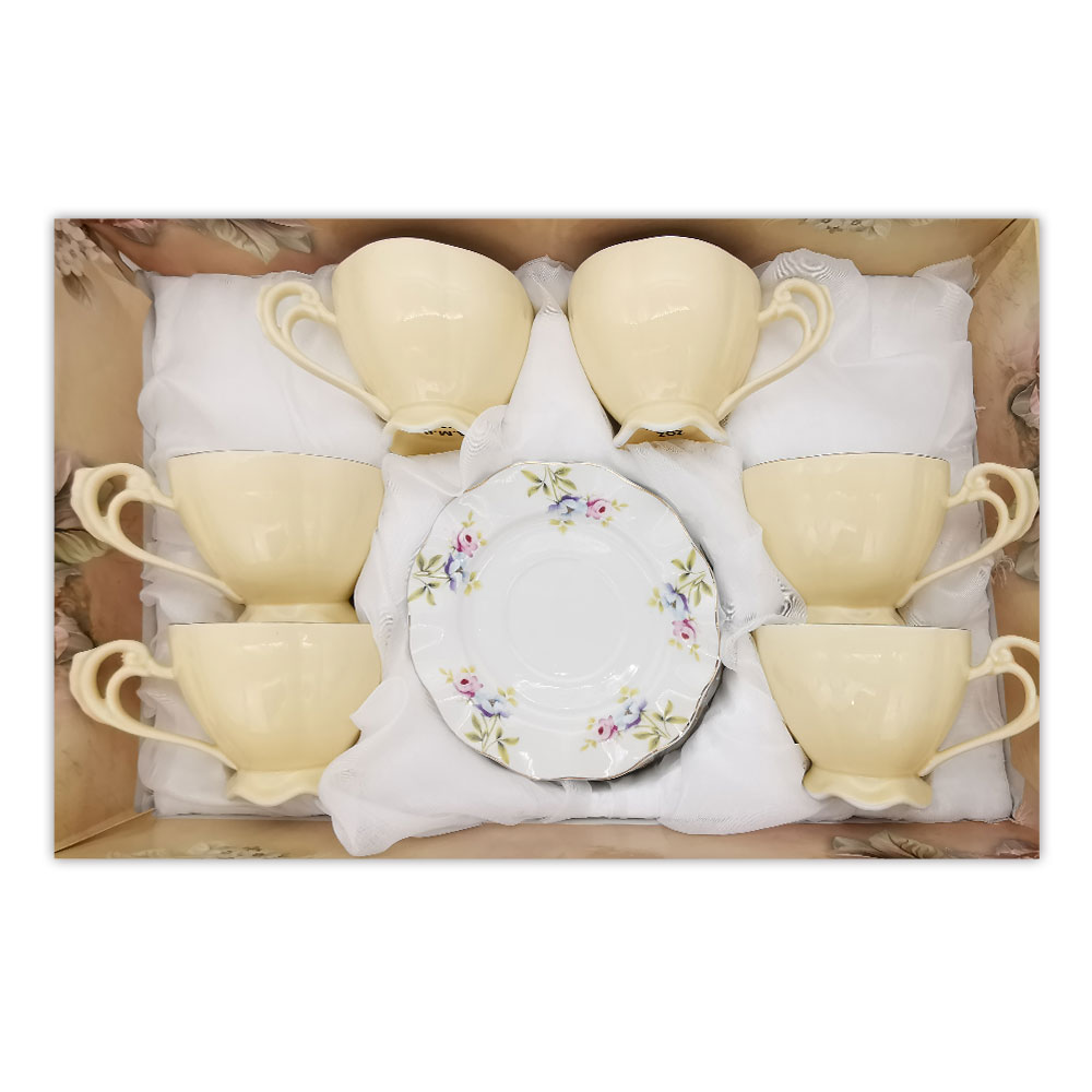 Set 6 cesti cu farfurioare Fleur Crem, ceramica, 210 ml