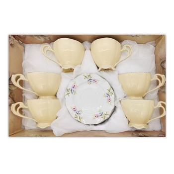 Set 6 cesti cu farfurioare Fleur Crem, ceramica, 210 ml Set 6 cesti cu farfurioare Fleur Crem, ceramica, 210 ml