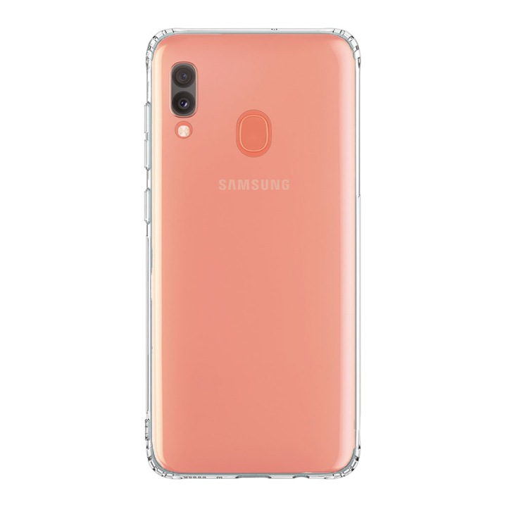 Husa antisoc Samsung A20 E - transparenta, Airbags Tech, silicon ultraslim, colturi protectie, banda grip si protectie camere - iShield