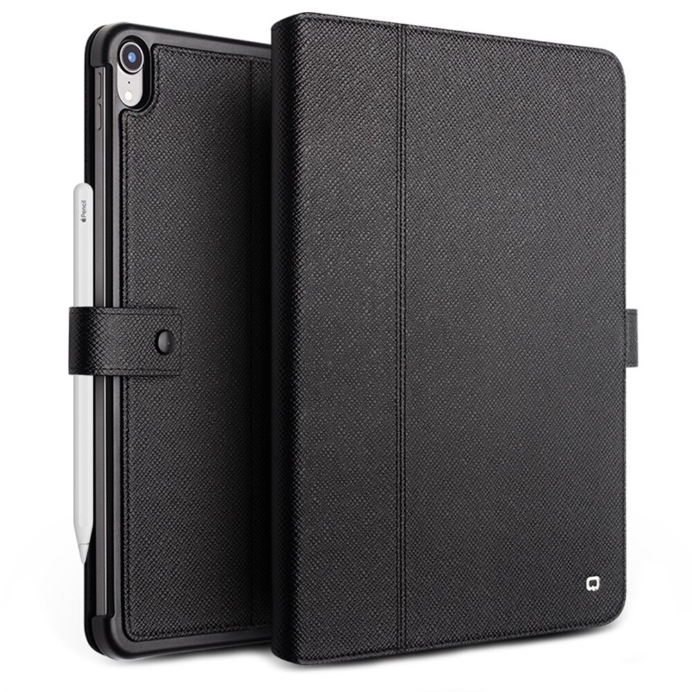 Husa iPad Pro 12.9 (2018), Qialino, piele naturala, smart cover, inchidere sigura cu capsa, suport pencil integrat, culoare Negru