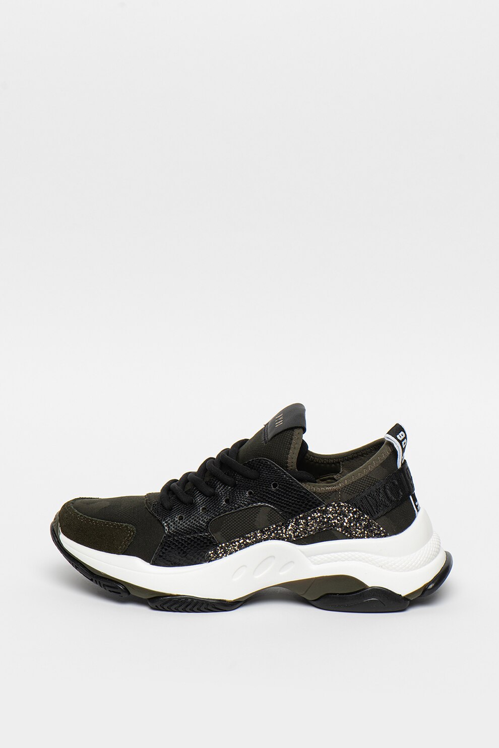 Steve Madden, Pantofi sport cu imprimeu camuflaj si detalii stralucitoare Ajax, Verde militar/negru/auriu, 37