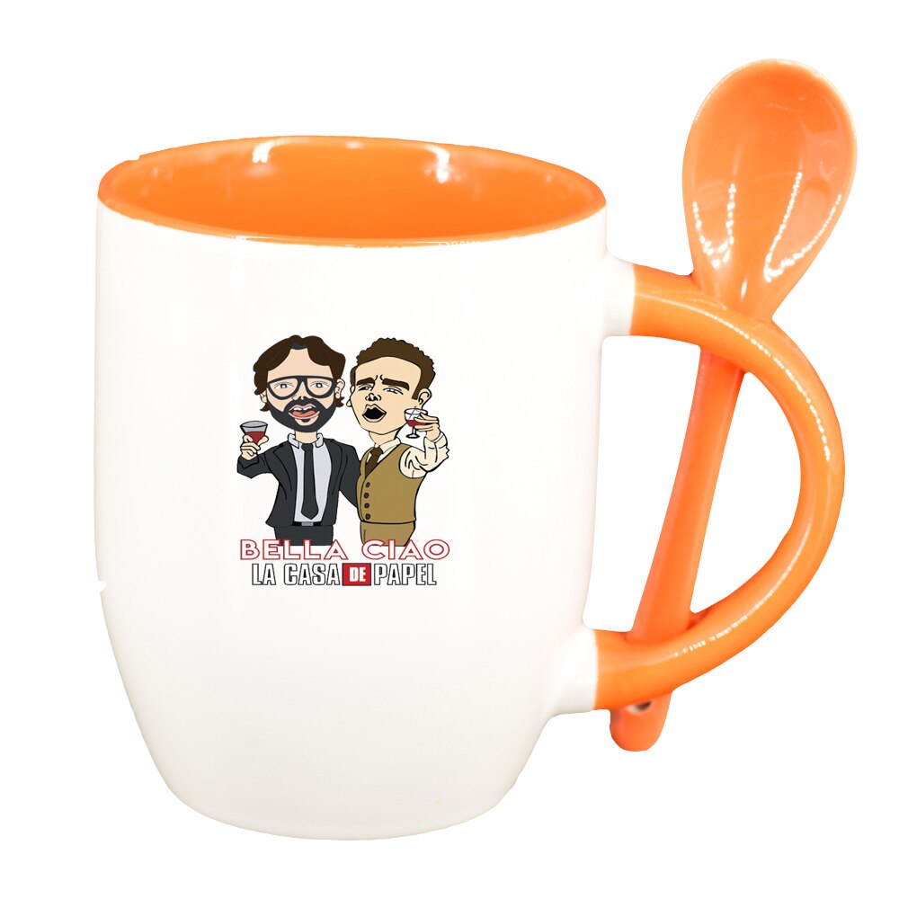 Cana La Casa De Papel cu lingurita, interior portocaliu, 330ml, D1487