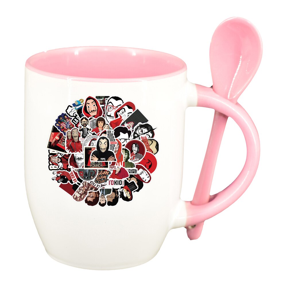 Cana La Casa De Papel cu lingurita, interior roz, 330ml, D1493