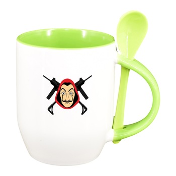 Cana La Casa De Papel cu lingurita, interior verde deschis, 330ml, D1491 Cana La Casa De Papel cu lingurita, interior verde deschis, 330ml, D1491