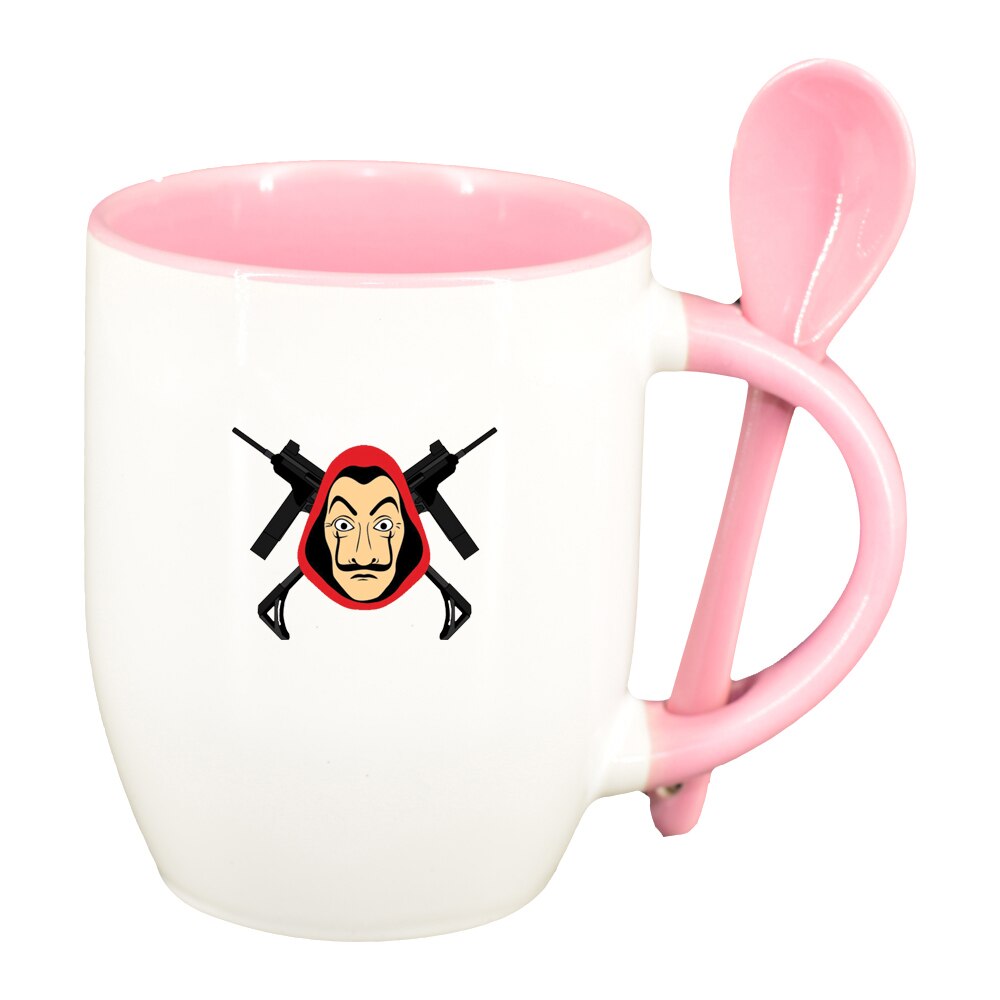 Cana La Casa De Papel cu lingurita, interior roz, 330ml, D1491