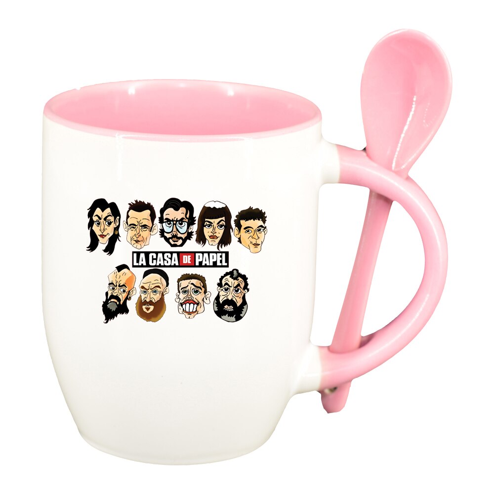Cana La Casa De Papel cu lingurita, interior roz, 330ml, D1490