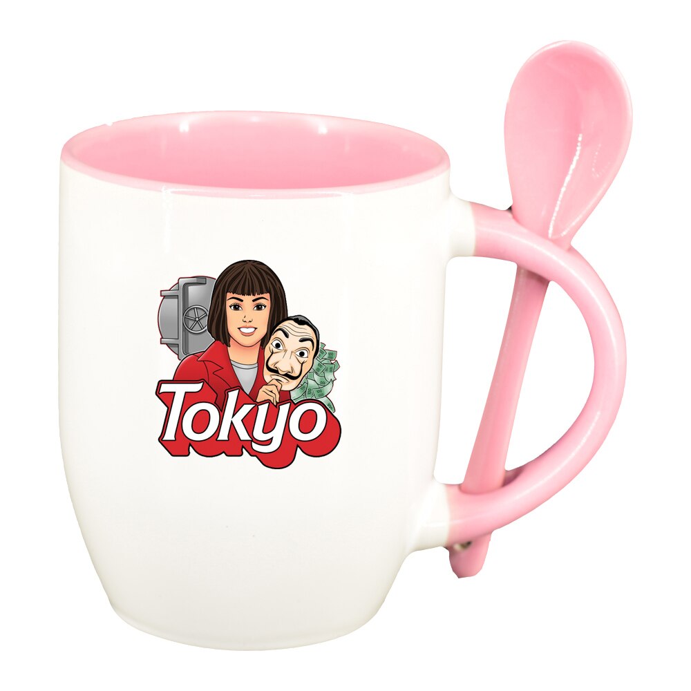 Cana La Casa De Papel cu lingurita, interior roz, 330ml, D1496