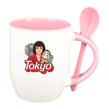 Cana La Casa De Papel cu lingurita, interior roz, 330ml, D1496 Cana La Casa De Papel cu lingurita, interior roz, 330ml, D1496