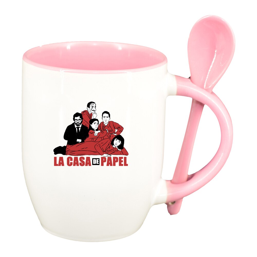 Cana La Casa De Papel cu lingurita, interior roz, 330ml, D1495
