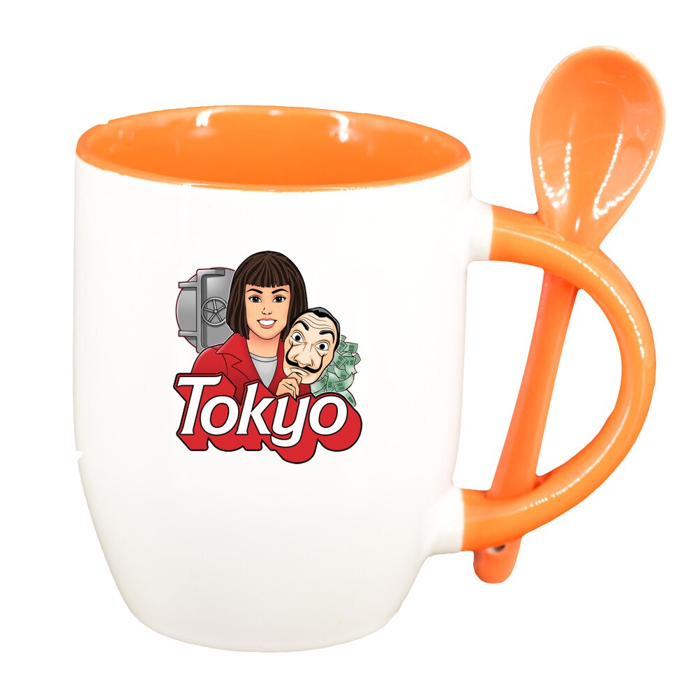 Cana La Casa De Papel cu lingurita, interior portocaliu, 330ml, D1496