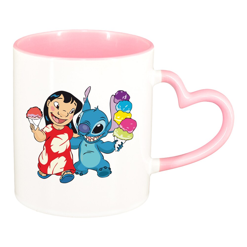 Cana Lilo and stitch, interior roz, maner inima, 330ml, D1517