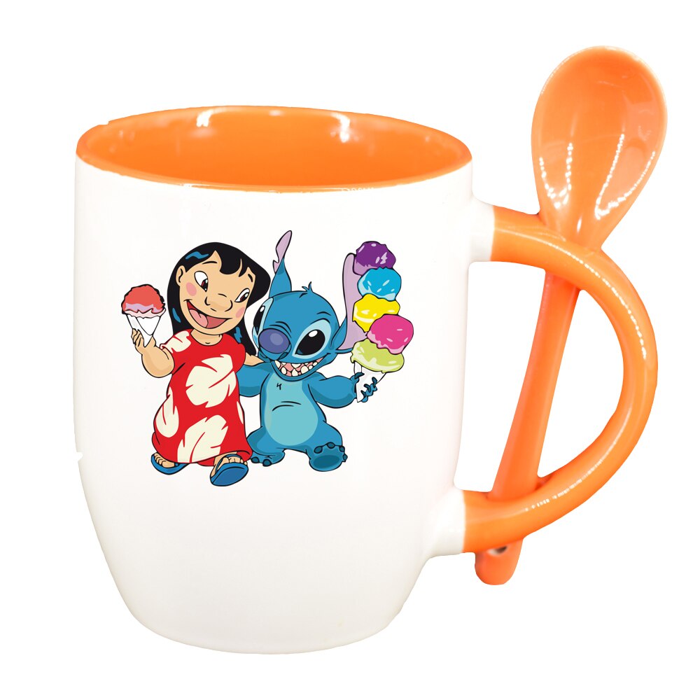 Cana Lilo and stitch cu lingurita, interior portocaliu, 330ml, D1517