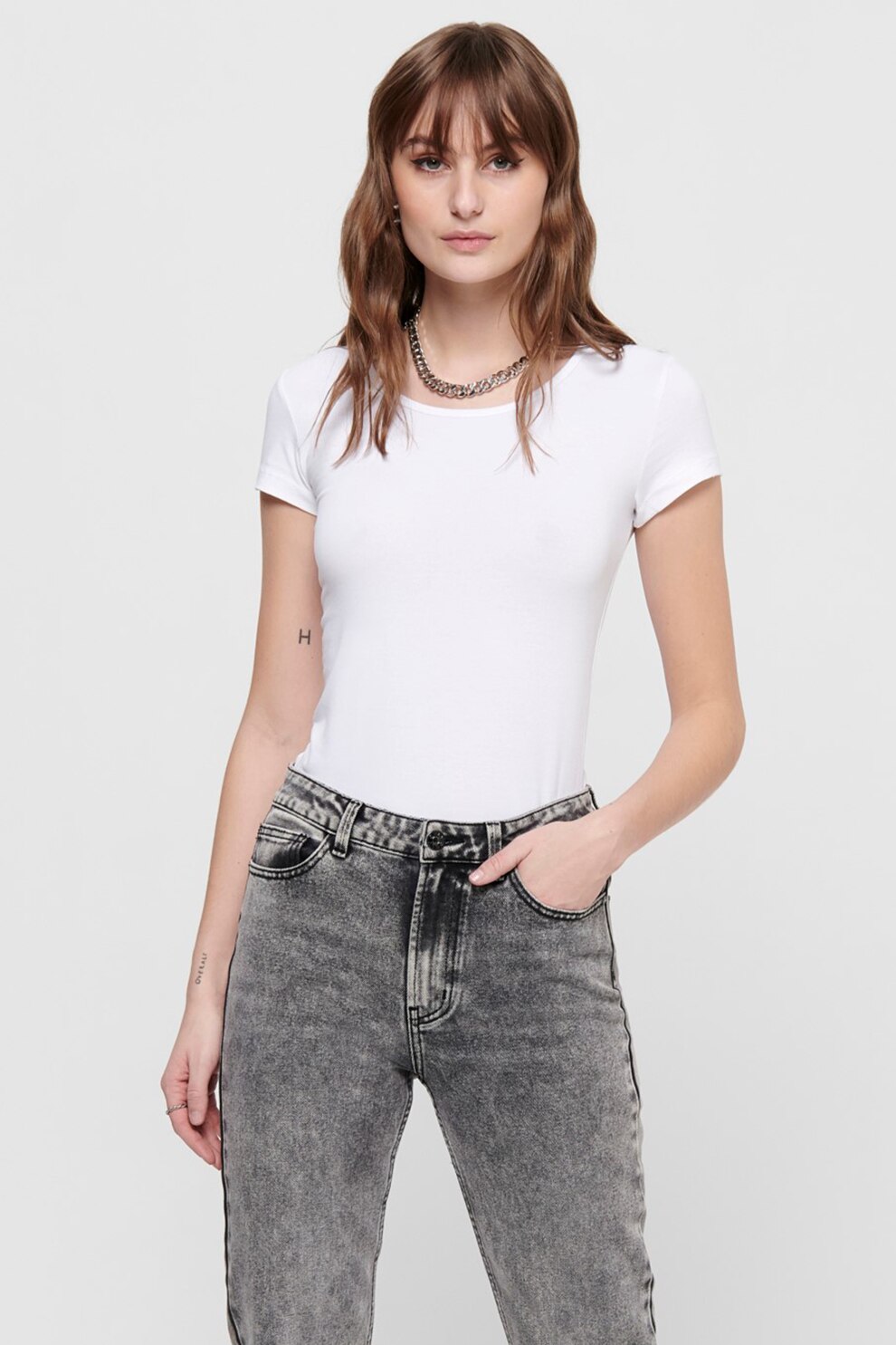 Only, Tricou din amestec de bumbac cu decolteu la baza gatului, Alb