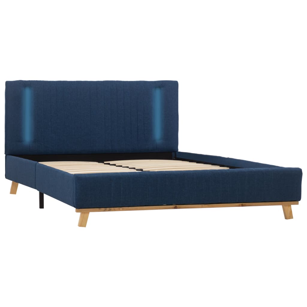 Cadru de pat dublu tapitat, cu LED, vidaXL, Textil-Lemn, 140 x 200 cm, Albastru