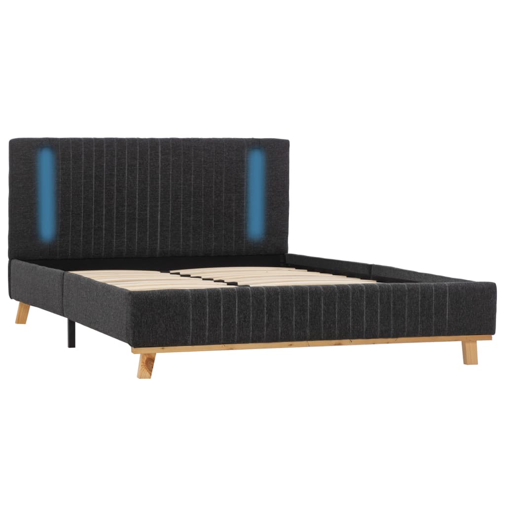 Cadru de pat dublu tapitat, cu LED, vidaXL, Textil-Lemn, 140 x 200 cm, Gri inchis