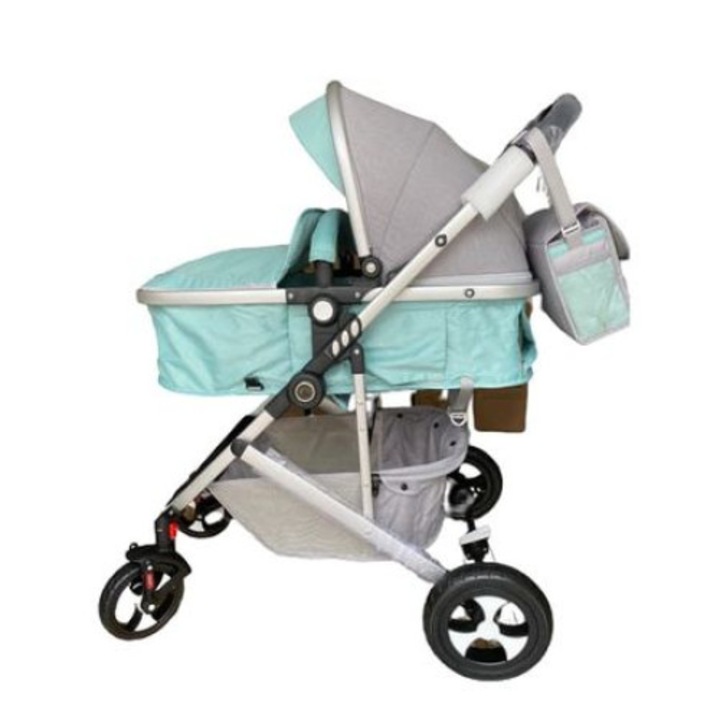 Carucior 2 in 1,Modul sport transformabil din landou,Plasa de insecte si geanta de scutece,Dubla suspensie pe roata,Vernil