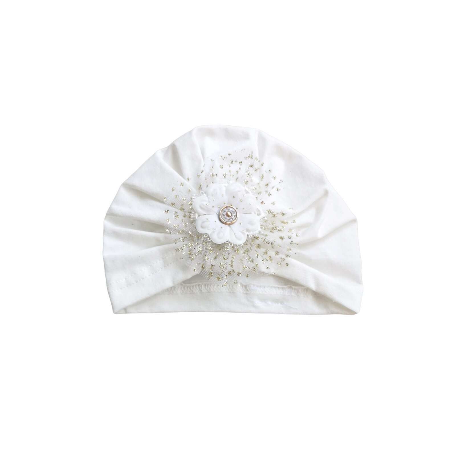 Turban botez Mic Pitic T111NN din tricot cu floare din tulle cu sclipici, Ecru