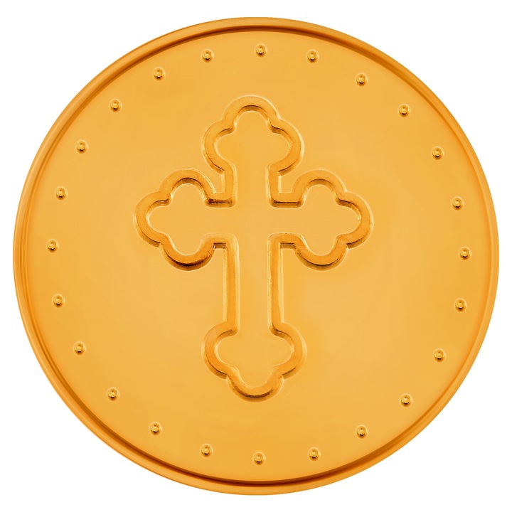 Medalie de aur Sf. Mina, Greutate 8,55 g, 0,27 oz, Diametru 30 mm, Metal: Au 999/1000, 24 carats