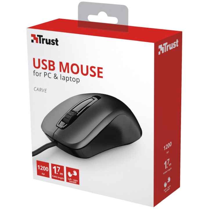 Mouse Trust Carve, Ambidextru, USB, 1200 DPI, 3 butoane, Negru