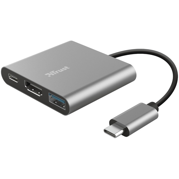 Докинг станция Trust Dalyx, USB-C мултипорт 3-в-1, USB-C PD порт, USB, HDMI, HDR и HDMI 1.4 (4K 30Hz), 5Gbps USB 3.2 Gen 1, MacBook, PC, лаптоп, Chromebook - сребрист
