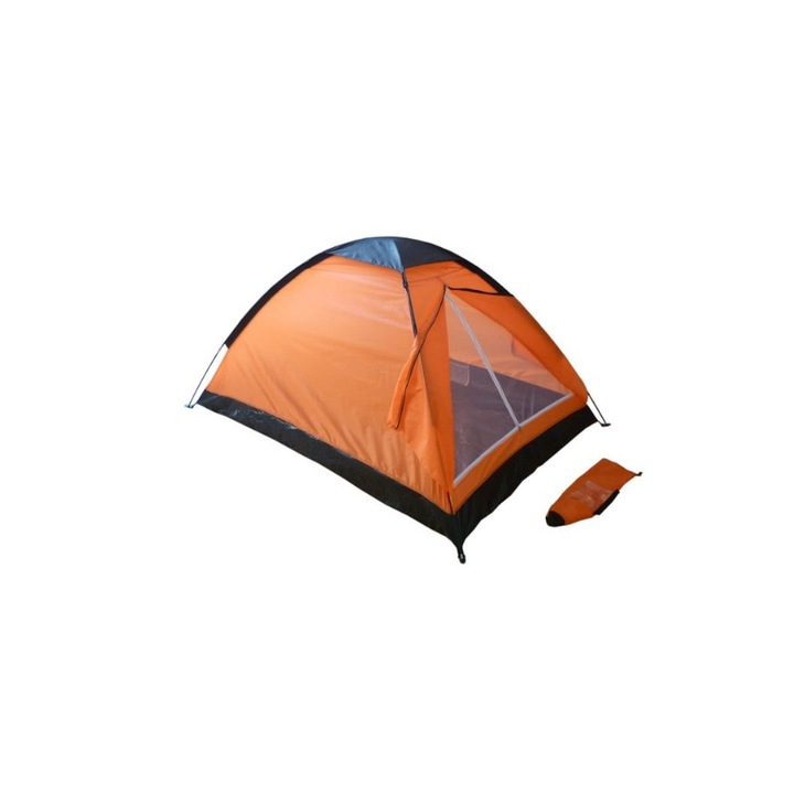 Cort Camping/Drumetii Impermeabil pentru 2 Persoane, cu plasa de tantari si husa depozitare, 200x140x100cm, Bleumarin/Portocaliu